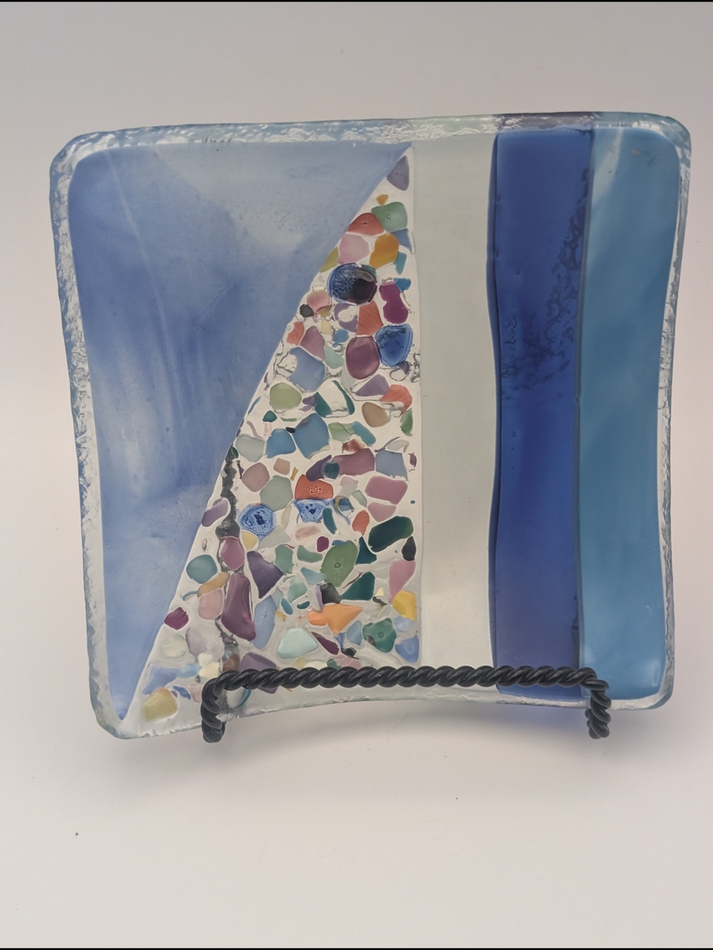 Handcrafted Blue Mosaic Fused Glass Art Plate 5x5